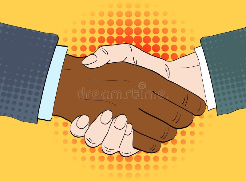 商人握手在减速火箭的流行艺术样式的传染媒介例证 合作握手在可笑的设计的概念海报 皇族释放例证