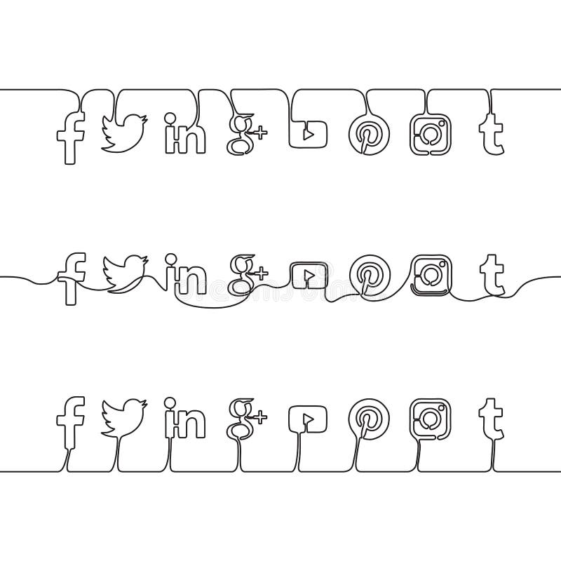 连续线条绘画技术中的社交媒体图标组 库存例证
