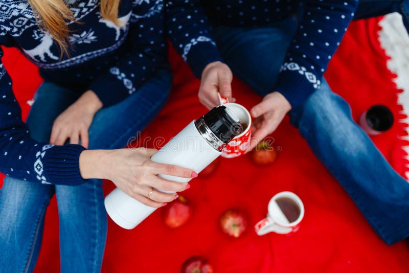 Το κορίτσι χύνει το τσάι σε μια κούπα με μια εικόνα της καρδιάς Τα νέα ζεύγη στα πουλόβερ κάθονται στο κόκκινο κάλυμμα Γαμήλιο πι στοκ εικόνες με δικαίωμα ελεύθερης χρήσης