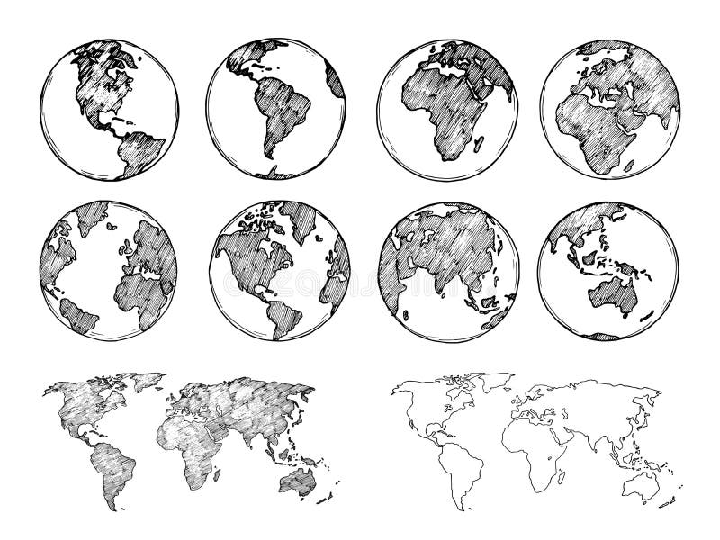 地球草图。手绘地球行星，带有大陆和海洋。涂鸦世界地图矢量图 皇族释放例证