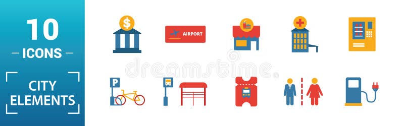 城市元素图标集 包括创意元素厕所标志、公共公园、自行车停车场、旅馆、游乐场图标 可以 皇族释放例证