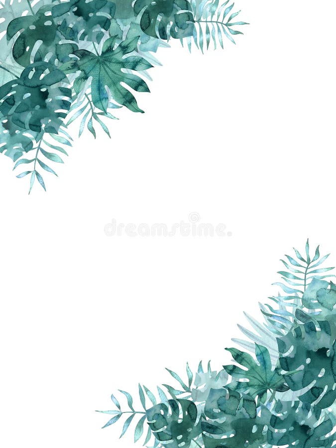 Πρότυπο κορνίζας με τροπικά φύλλα σε ακουαρέλα στις γωνίες. Εξωτικό χειροποίητο σχέδιο απομονωμένο σε λευκό απεικόνιση αποθεμάτων