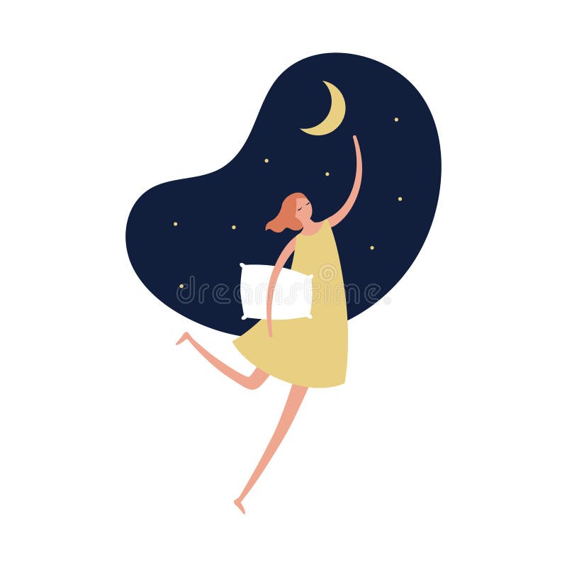 矢量图人梦现代图. 时髦的女装飞到蓝夜天空中，飘扬着枕头 库存例证