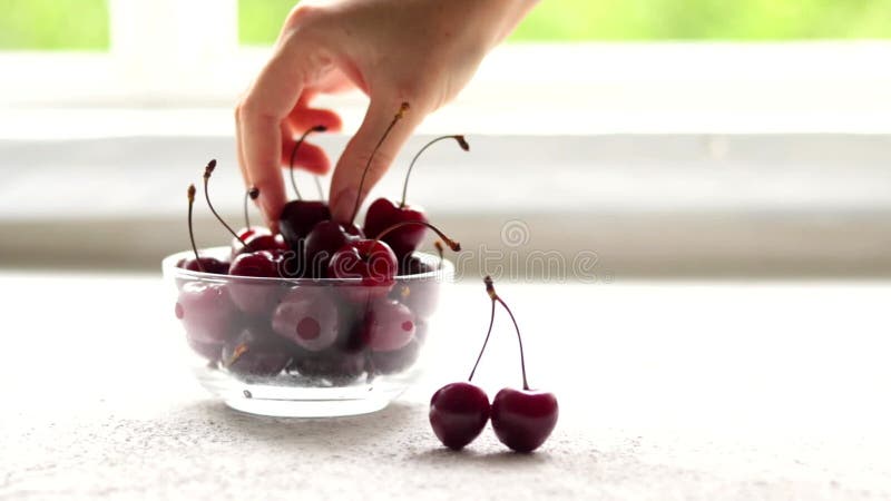 βάλτε τα κεράσια σε ένα βάζο. βάλτε τα μούρα σε ένα βάζο. υγιεινή διατροφή. γλυκό. δίαιτα. χορτοφαγικός. ένα βάζο δίπλα απόθεμα βίντεο