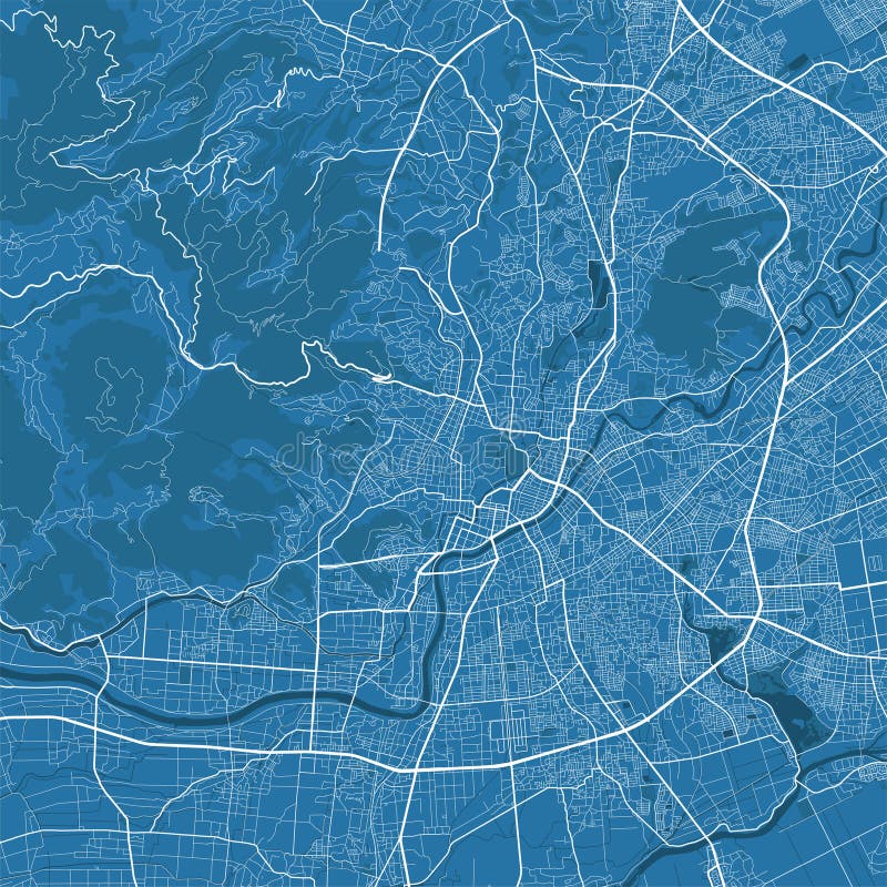 熊本市线形印刷地图详细地图海报. 蓝天城市全景. 熊本装饰图旅游地图 向量例证