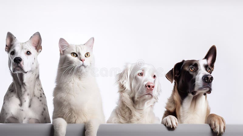 在白色背景工作室前拍摄的一组猫狗. 皇族释放例证