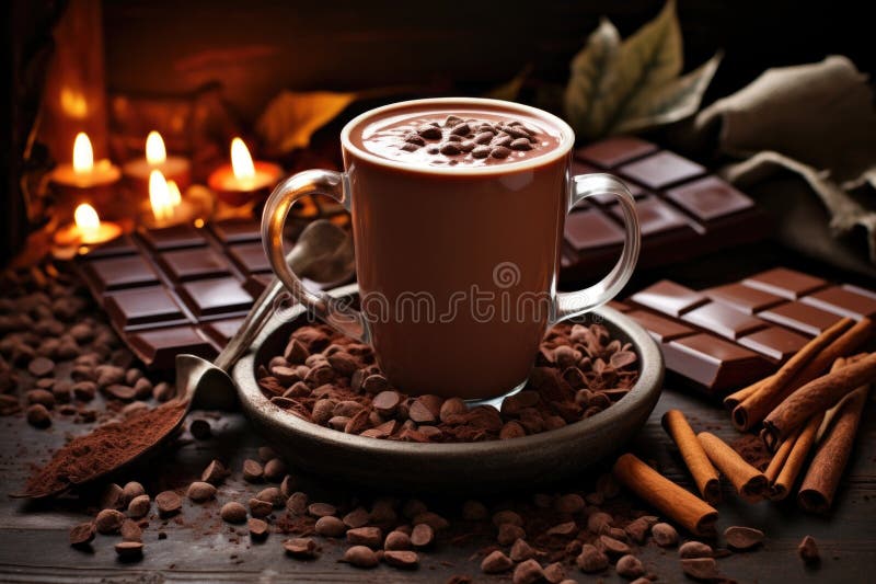 可可豆和巧克力棒接近热巧克力杯 皇族释放例证