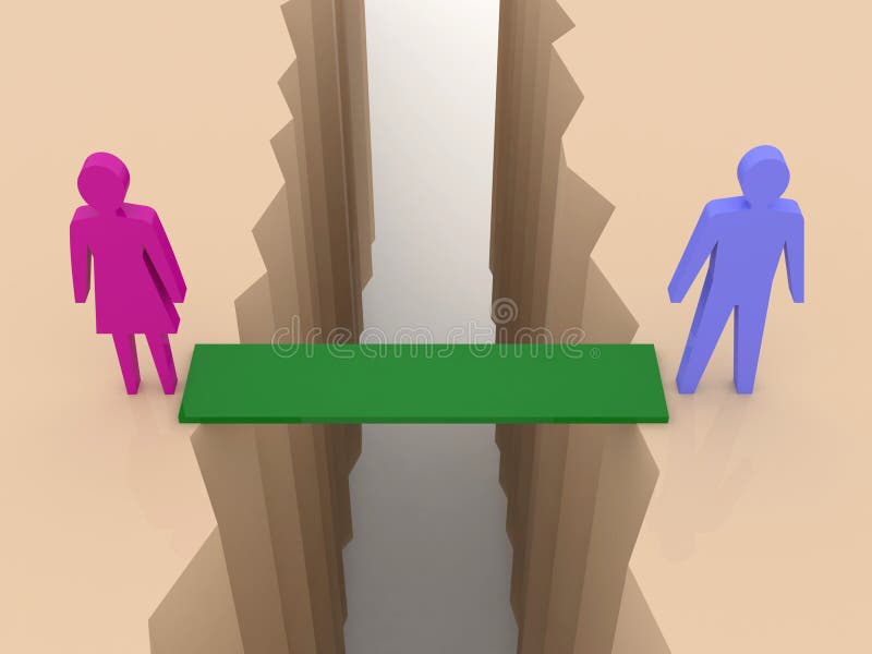 남녀가 양쪽에 갈라지고, 분리의 틈새를 가로지르는 다리 로열티 프리 일러스트