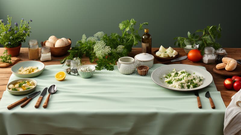 белый деревянный стол, покрытый зеленой скатертью и кухонной утварью. аи иллюстрация вектора