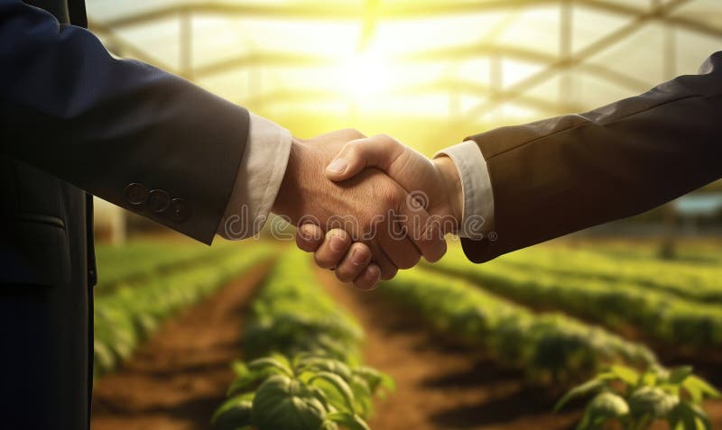 两名商人在艾未未生产的蔬菜作物前握手 向量例证