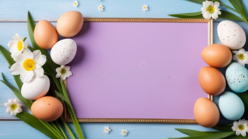 Пасхальная открытка с яйцами и весенними цветами. Фон с рамкой, место для текста бесплатная иллюстрация