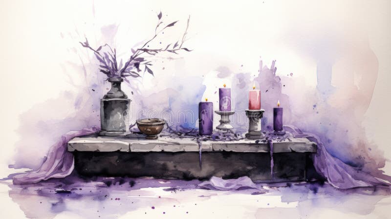 周三祭坛灰色场景的水彩画，灰与紫色相交 库存照片