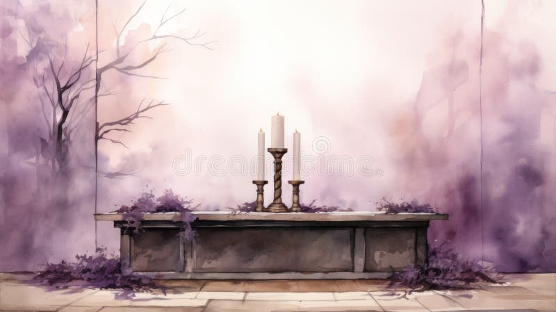 周三祭坛灰色场景的水彩画，灰与紫色相交，神静 免版税库存图片