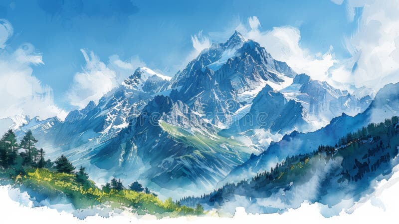 山峦的风景优美的水彩画着温暖的夏日阳光下雄伟的雪顶山峰 免版税图库摄影