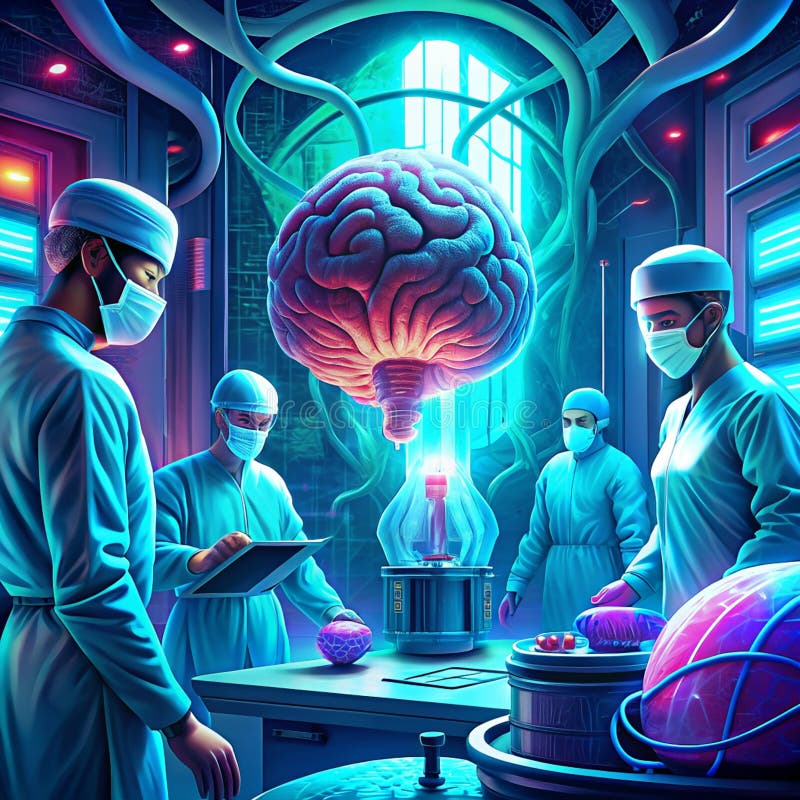 在实验室中研究发光大脑的科学家 库存例证