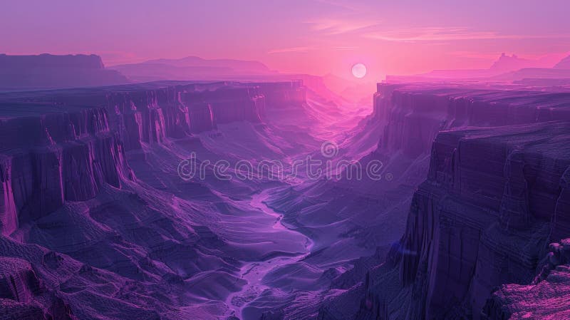 笼罩在鲜艳粉红的日落中的峡谷的超现实的壮丽景色 库存例证