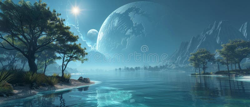 一颗超现实的星球，有清澈的湖泊，映射着多颗卫星，海岸上有生物发光的树木 皇族释放例证