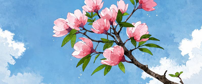 绿树成荫、叶子上滴着点滴的粉色花瓣，以蓝天为背景. 动画 免版税库存照片