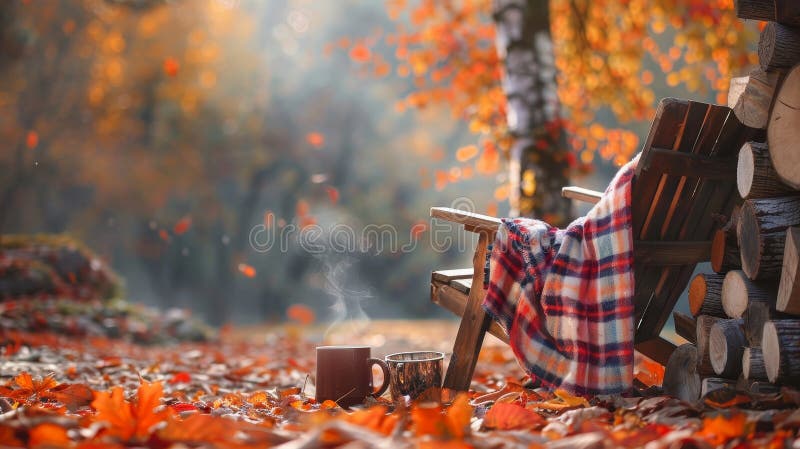舒适的秋日晨间木柴堆铺着格子毯，在色彩缤纷的叶子中热气腾腾的可可 库存例证