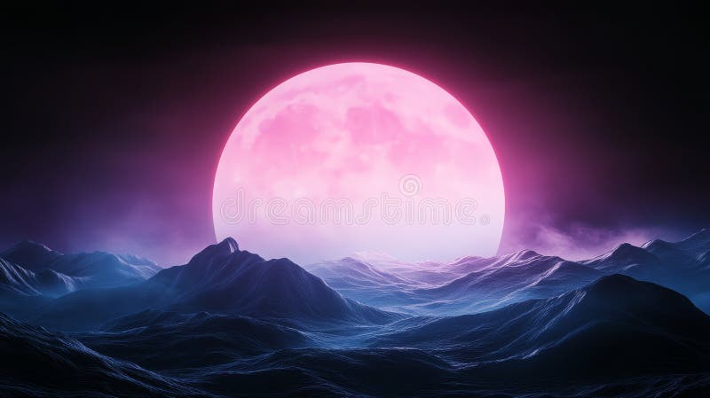 超现实的壮丽景观，在星光的天空下，闪闪发亮的粉红色月亮照亮了深波 皇族释放例证