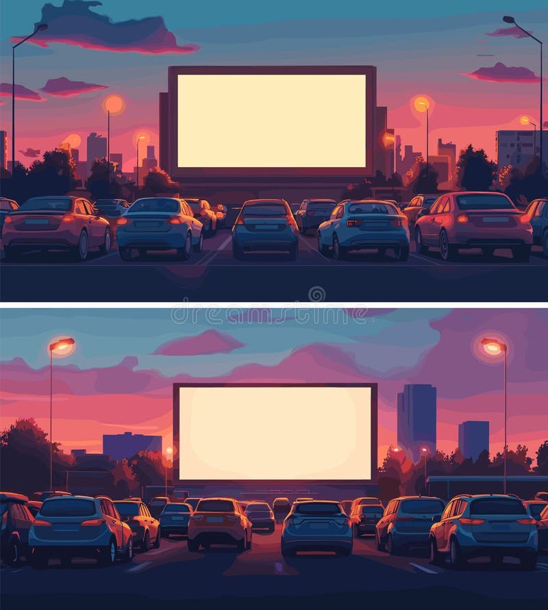 주차장에 있는 자동차들이 영화관 만화 벡터 장면에서 달립니다. 자동차 후면 뷰, 뒷마당 야외 영화관, 빈 화면 스톡 일러스트