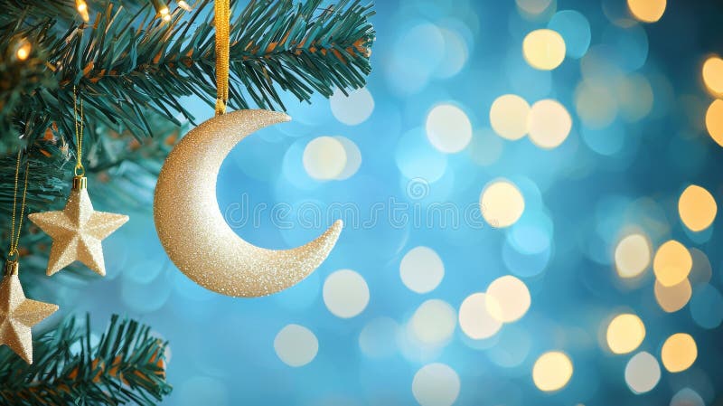在节日的冬夜庆祝中，圣诞树上的降雪装饰物闪烁着明亮的光芒 库存图片