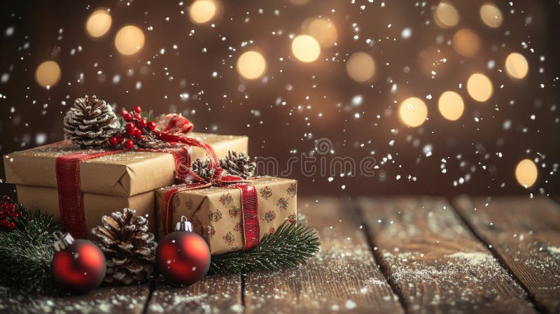 在节日的冬日庆典中，在柔和的灯光下，展示着色彩缤纷的圣诞礼物和装饰品 免版税库存图片
