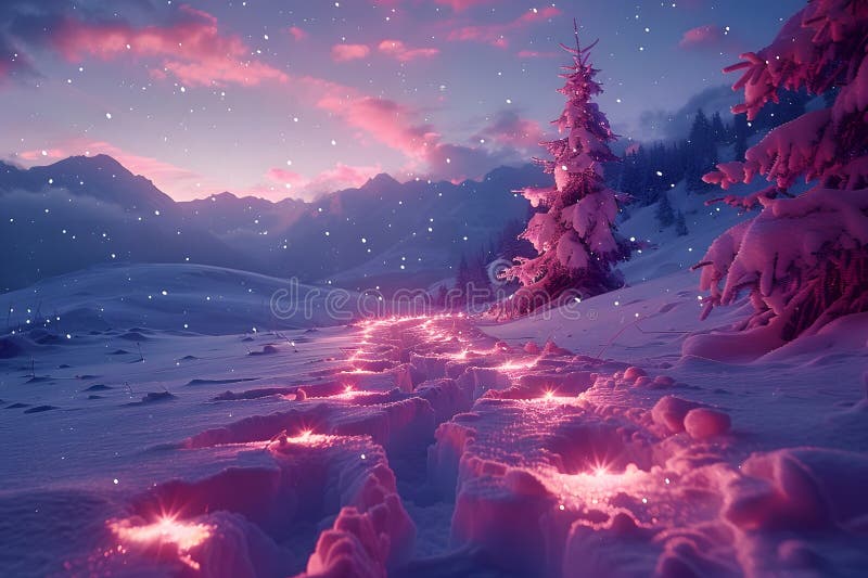 魔幻的暮天繁荣的冬季仙境雪林之路 库存例证