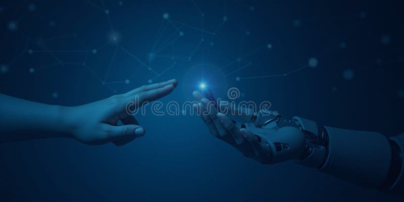 人与机器人手触碰 : 人工智能互动的未来 向量例证