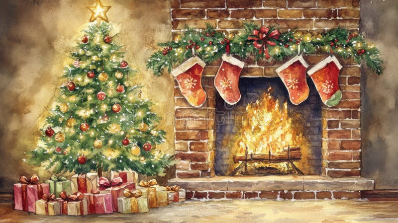 用软数字装饰的圣诞树的水色描绘 免版税图库摄影