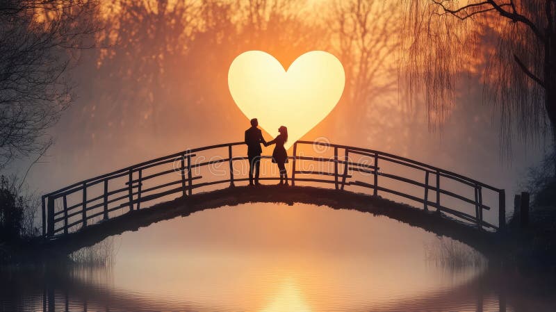 석양에 다리 위에 서 있는 연인들의 낭만적인 실루엣, 배경에는 빛나는 하트 모양의 태양이 있어 몽환적이고 벡터 일러스트