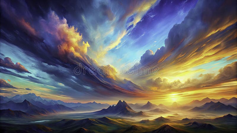 梦幻般的山脉，在不真实的鲜艳蓝色天空下。令人惊叹的超现实数字艺术 库存例证