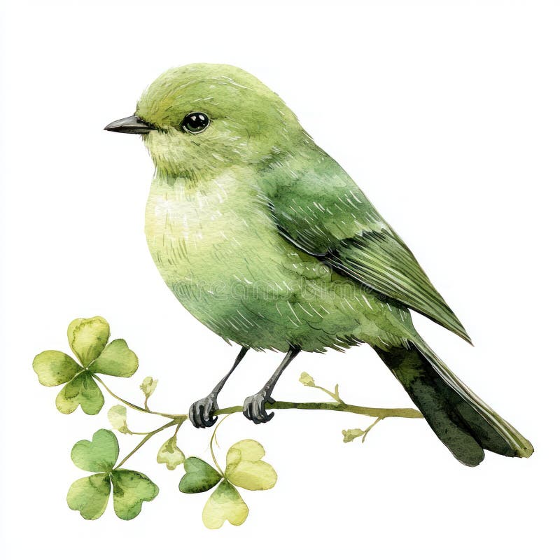 水彩描绘的绿色鸟儿栖息在三叶草枝上，色彩鲜艳，细节丰富，非常适合节日主题 库存照片