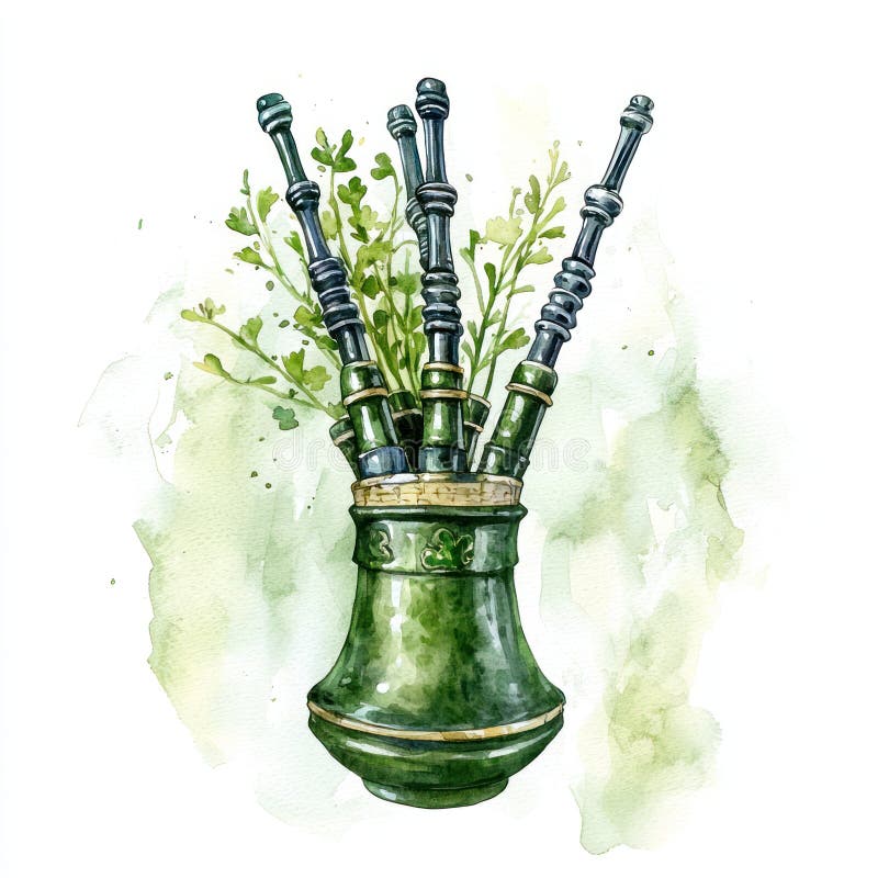 水彩描绘的苏格兰风笛，配有绿植，色彩鲜艳，细节丰富，非常适合节日主题 免版税图库摄影