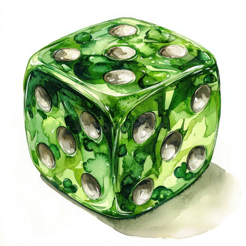 水彩描绘的绿色幸运骰子，带有白色圆点，非常适合圣帕特里克节庆祝活动 免版税库存照片