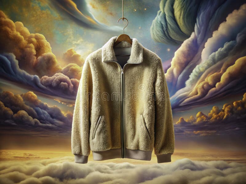 超现实奶油绒面夹克梦幻摄影作品，木质衣架上的异想天开的时尚静物 库存例证