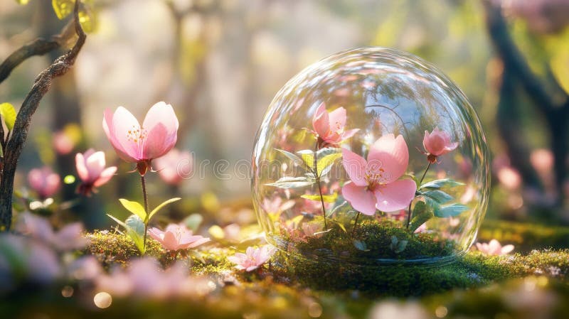 玻璃球中的迷人粉色花朵 向量例证