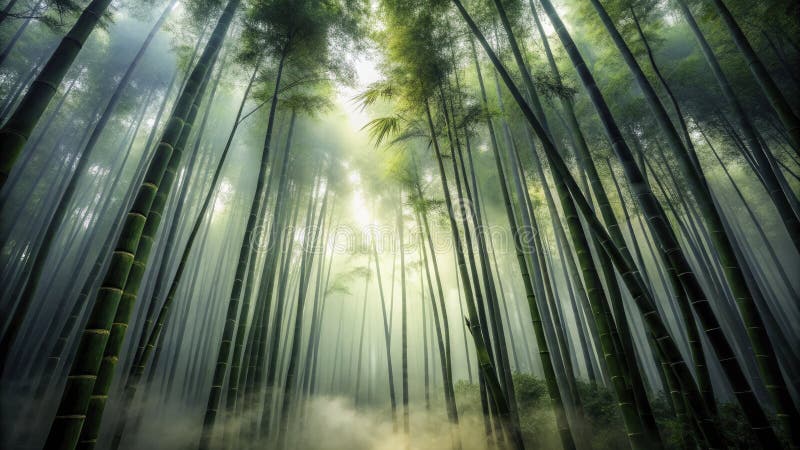 雄伟的竹林笼罩在神秘的雾气中。令人惊叹的超现实主义风景摄影 向量例证