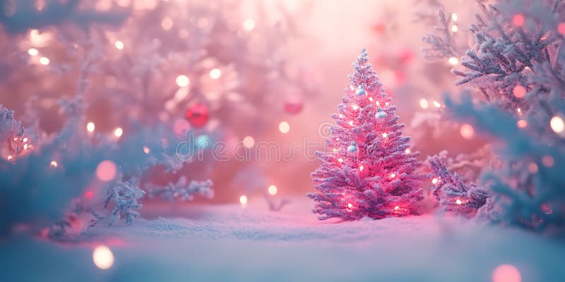 雪冬仙境中的粉红圣诞树 向量例证
