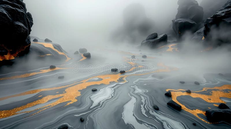 灰色大理石河岩与金脉冲触的壮丽超现实景观 库存例证