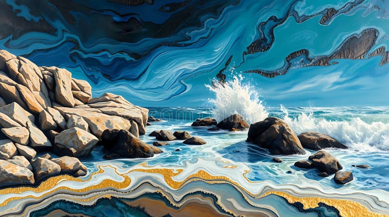 海浪岩石破碎，金色大理石在天空和水中流动，令人惊叹的超现实海景 皇族释放例证