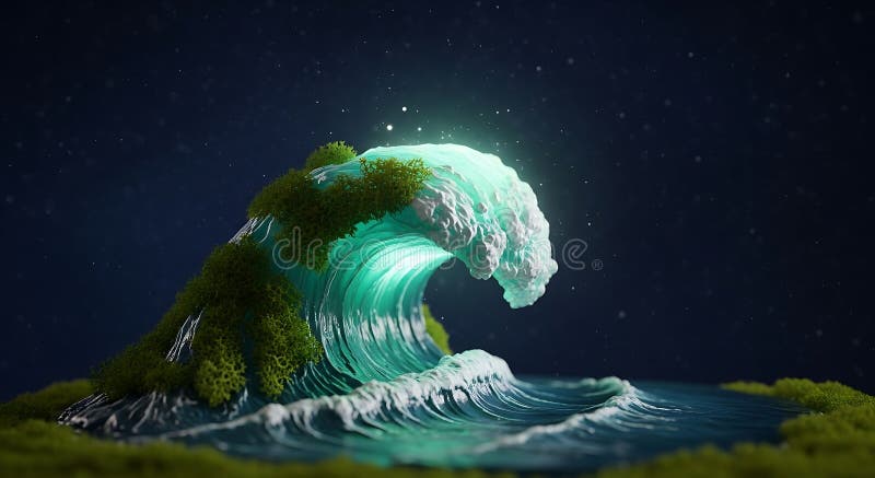 一幅令人惊叹的超现实数字艺术作品，描绘着一幅发光的青色海浪 皇族释放例证