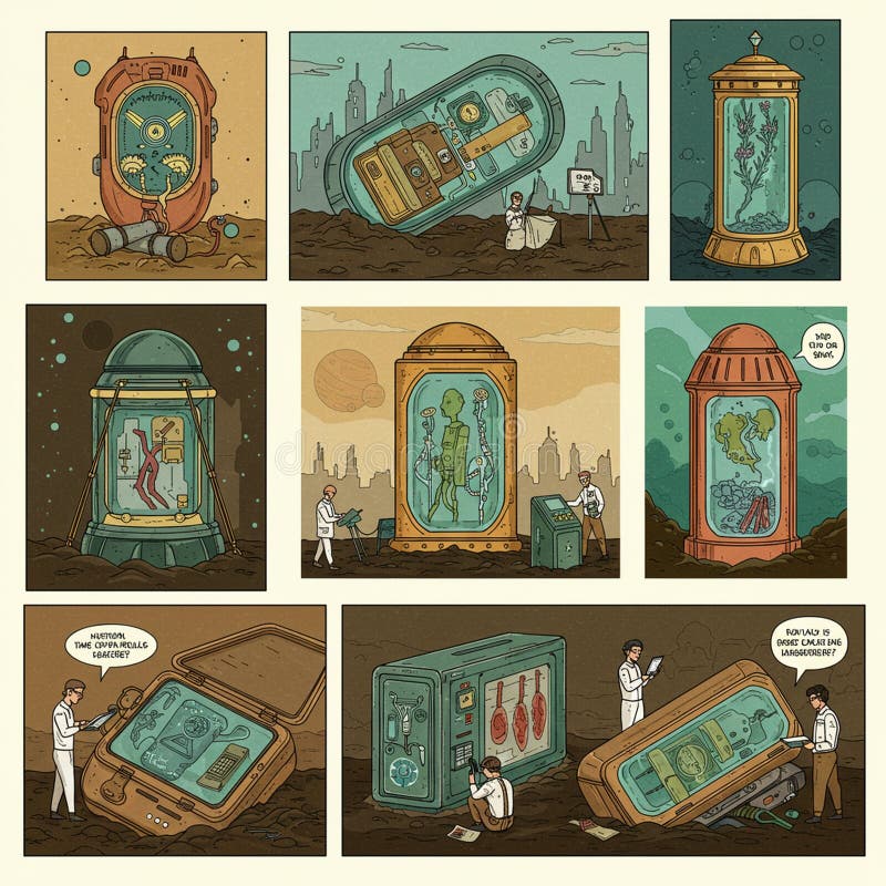 九格漫画描绘了未来科技和科学家们正在检查的场景 库存例证