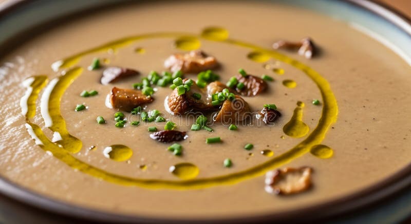 橄榄油与鲜香葱的奶油蘑菇汤 皇族释放例证