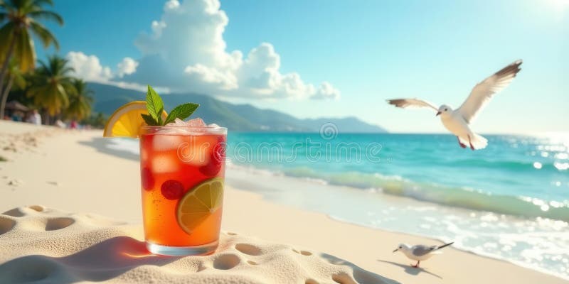 Ανανέωση κοκτέιλ ακτής με βατόμουρο με θέα στον ωκεανό και ιπτάμενα πουλιά. Γεννητική τεχνητή νοημοσύνη ελεύθερη απεικόνιση δικαιώματος