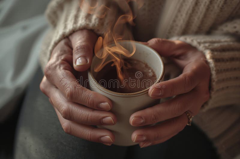 暖金光下手握热气的可的特写 皇族释放例证