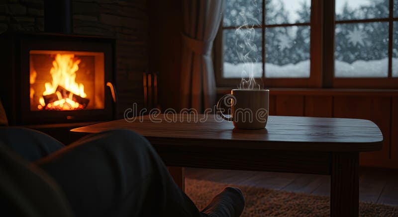 舒适的扶手椅视角，伴着噼啪作响的壁炉和积雪的窗户，享受着热气腾腾的巧克力带来的冬日放松。 向量例证