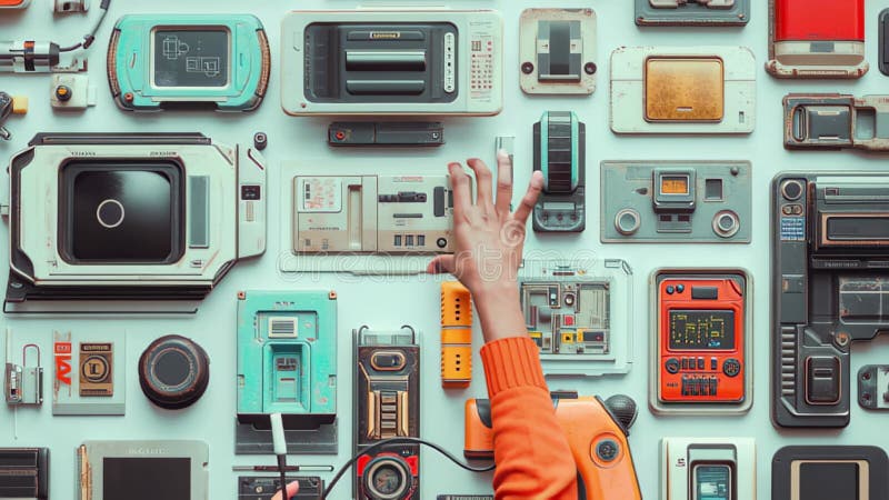 Коллекция винтажных гаджетов и инструментов, выставленных на стене в художественной композиции иллюстрация штока