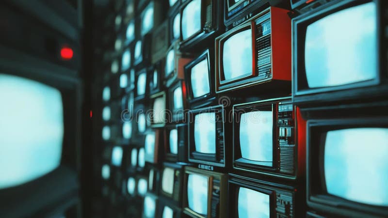 Τοίχος από ρετρό τηλεοράσεις με κενές οθόνες απόθεμα βίντεο
