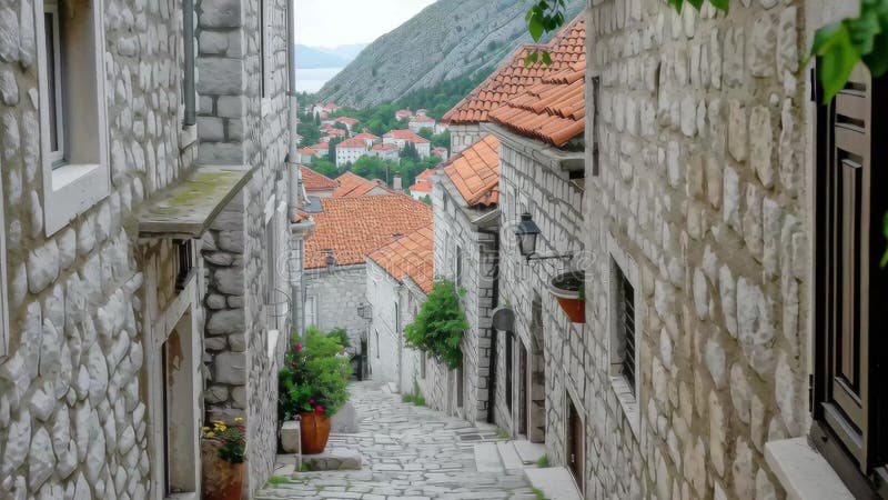 Πλακόστρωτος δρόμος με πέτρινα σπίτια σε ένα παραθαλάσσιο χωριό σε μια συννεφιασμένη μέρα διανυσματική απεικόνιση